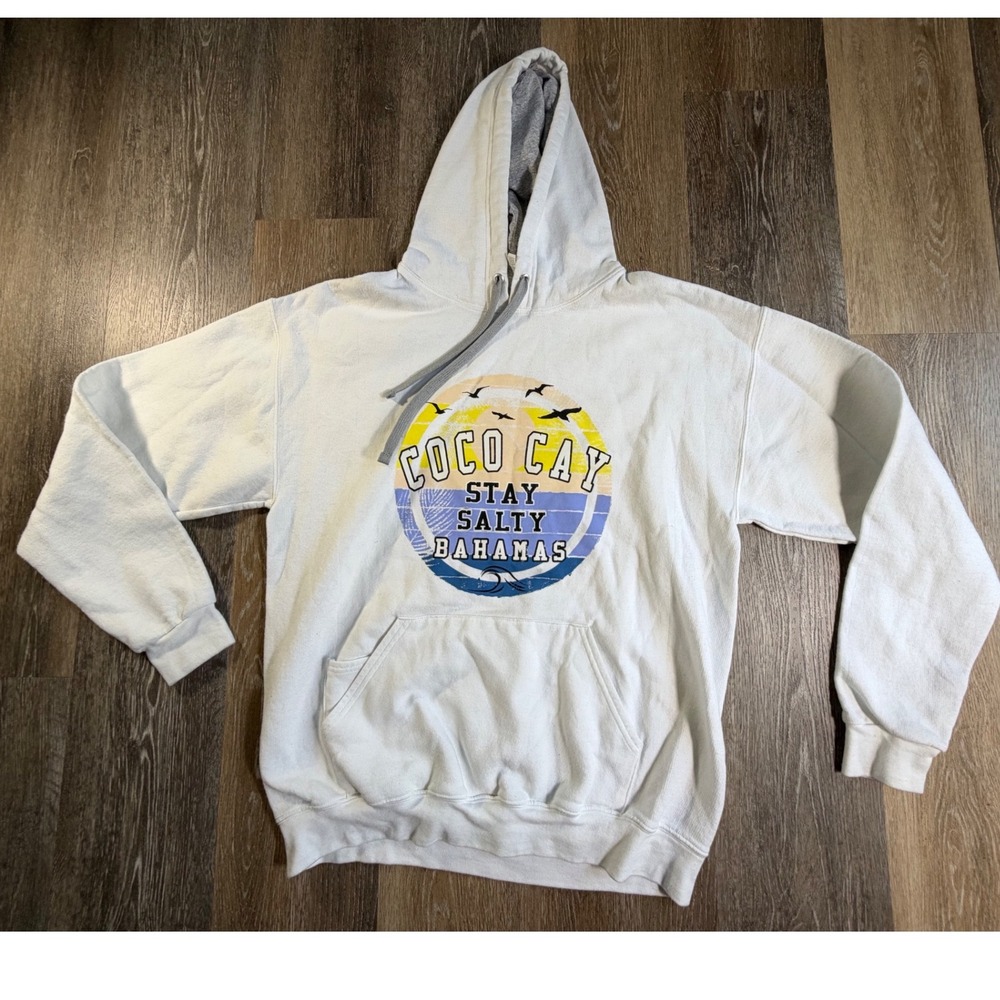 Fruit of the Loom Hoodie Unisex L White Coco Cay Bahamas Stay Salty Graphic